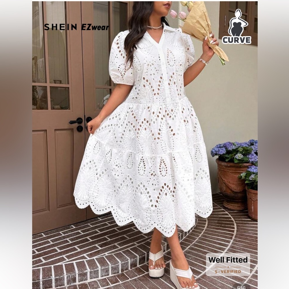 Shein White Eyelet Midi Dress - Picture 2 of 11
